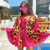 Summer Leopard Printed Pink Cover-ups V-neck Beach Outfits For Women Lace-up Loose Beach Dress Long Sleeve