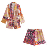 Women Two-piece Set Print Kimono Vintage Belt Long Sleeve Loose Shirt Female Fashion Beach Style Shorts