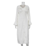 Zingj Women's Wear 2024 Spring French Dress Flounce V Neck Horn Sleeve Single Breasted Temperament Slim Dress Female-Outfit