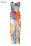 Tie Dye Tulle Long Dress Women Summer Slip Bodycon Dress 2023 Backless Sexy Summer Dresses Midi Evening Party