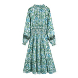 2022 Women Print Elastic Waist Maxi Dress V Neck Female Long Sleeve Elegant Office Lady Dresses Vestidos
