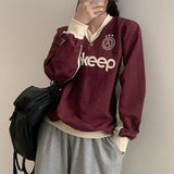 Preppy Contrast Color Letter Print V Neck SweatshirtOutfit