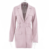 Spring Notched Collar Blazer Women Jacket Belt Slim Long Sleeve Pocket No Button Style Femenino Office Ladies