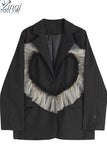 Women's Blazer Jacket Black Solid Color 2023 Autumn Heart-shaped Intarsia Pattern Long Sleeve Single Button Korean Fashion
