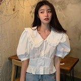 Women Short Solid Peter Pan Collar Puff Sleeve Kawaii Sweet Slim French Style Fashion Designer Student Daily Summer