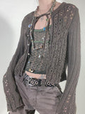 Y2K Fairy Grunge Bandage Long Sleeve Knitted Cardigans Goblincore Aesthetics O-neck Hollow Out Grey Sweaters Retro