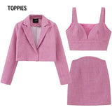 2021 Fashion Short Tweed Jacket Short Blazer Woman Suit Set High Waist Mini Skirts Female Three Piece