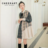Vintage Plaid Long Sleeve Mini Shirt Dress Patchwork Button Up Autumn Dress Women Ruffle Short Dress