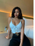 Lace Strap Backless Short Women Top Nightclub Solid Black Lace Up Summer Beach Boho Women Camis Top Tank Top BOG