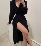 Single Breasted Midi Lace Up Slim Solid Shirt Dress Long Sleeve Elegant Vestidos