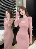 Girl O-Neck Long-sleeved Dress Women's Autumn/Winter Hollow Out Slim Fit Sexy Wrapped Hip Knitted Dress Female