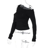 Black Asymmetrical Cut Out Off Shoulder Long Sleeve Top- Outfit