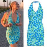 Summer Printed Sexy Backless Bodycon Mini Dress Cut Out V Neck Short Tank Dresses Women Fashion Streetwear