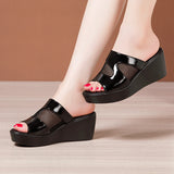 Heel Slope Sandals For Women In 2023 Summer New Style Muffin Thick Bottom Waterproof Table Hollowed-Out Net Gauze Lacquer Leather Wearing Sandals And