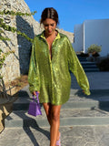 Mini V Neck Green Sequins Party Dresses Shitrs Long Sleeve 2021 Autumn Winter Loose Pink Y2K Women Dress Sexy Club