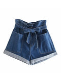 Women Vintage Blue Denim Shorts with Belt Zipper Pockets Female Retro Casual Shorts Pantalones