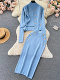 Winter Fashion Knitted Suits Women Slim Knit Vest+Elastic Long Skirt+Warm Cardigans 2025 OL Sweater Three Pieces Sets 211-0-Outfit