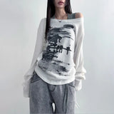 Zingj 2024 New Women's Sexy Hot Girl Off-The-Shoulder Loose Art Print Long Sleeve Top-Outfit