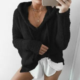 Autumn Top Women Casual Mohair Hooded Pullovers V Neck Fleece Sweater Fashion Sweet Loose Warm Winter Mohair Tops
