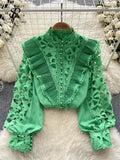 French Style Casual Embroidery Blouse Women Long Sleeves Pearl Shirt Fashion Ruffles Cotton Hollow Out Loose