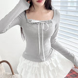 Stitching Square Neck Coquette Bow Long Sleeve TeeOutfit