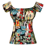 Women Shirts Retro Vintage 50s 60s Floral Printed Sleeveless Halter Slim Blouses Fashion Ladies Rockabilly Pin Up