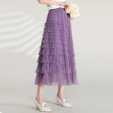 Solid Color Cake Long Skirt Mesh Puffy Women Sexy Korean Floor Length Party Skirts Loose Elastic Female Ball Gown