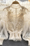 Through Mesh Lace Blouse with Lining Women Elegant Embroidery Floral Lantern Sleeve Slim Short Tops Ladies Sexy Shirts