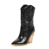 Autumn Women Boots Pu Leather Wedge High Heel Ankle Boots Winter Cowboy Boots Fashion Western Boots Woman Denim