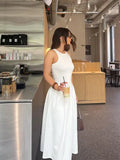 White Patchwork A-line Women Midi Dress Fashion Crew Neck Sleeveless Long Dresses Female Party Commute Street