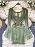 Streetwear Fashion Hollow Out Beach Dress Women Long Sleeves Backless Midi Dress Elastic Slim Knitted Sexy Short