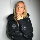 Rhinestone Skeleton Hoodies Women Gothic Black Zip Up Oversized Sweatshirts Female Retro Harajuku Hooded Jacket