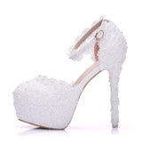 Cm White Lace Wedding Shoes Fine Heel Round Head Waterproof Shoes Large Size White Wedding Shoes