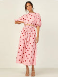 Polka Dot Print Puff Sleeves Short Top Straight Skirt Two Piece Sets 2022 Women Summer A-line Hollow Out Party Dress