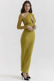 Mesh Long Sleeve Bodycon Deep Neck Maxi Dress-Outfit