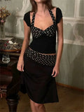 Black Polka Dot Patchwork Top And Midi Skirt Set- Outfit