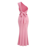 Pink One Shoulder Back Tie Up Maxi Dress- Outfit