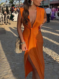 Sexy Deep V Neck Sleeveless Pleated Dress Fashion High Waist Split Bodycon Vestidos Lady Elegant Summer Party Streetwear 211-0-Outfit