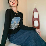 Alpaca Animal Print White Long Sleeve T Shirt Women Crewneck Ribbed Top Casual Korean Fashion Tshirt Spring