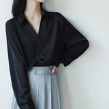 Autumn Fashion White Satin Shirts Women V Neck Elegant Blouse Office Ladies Long Sleeve Korean Chiffon Chic Top