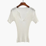 See Through High Quality Plain T Shirt Women Cotton Elastic Basic Short Sleeve Sexy V-Neck Slim Korean Style Ladies