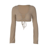 90s Aesthetics Sexy Ruched Bandage Ribbed Crop Tops Vintage Y2K Streetwear Hollow Out Flare Sleeve Khaki T-shirts