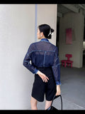Denim Patchwork Mesh Long Sleeve Button Up Shirt For Women See Through Fashion Designer Top Blue Collared