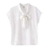 Tie Blouse Shirt for Women OL Elegant Blouses Satin Womens Tops Silk Female Clothing 2023 Korean Fashion Short Sleeve