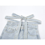 Blue Jeans Cross Lacing Wide Leg Pants High Waist Vintage Baggy Straight Denim Trouser Designer Women Fashion