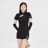 Vintage Black Dress Cheongsam Collar Hollow Out Puff Short Sleeve Casual Fashion High Waist Slit Short Skirt Ladies