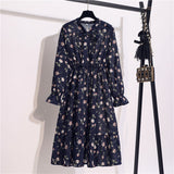 Women Casual Summer Dress Lady Korean Style Vintage Floral Printed Chiffon Shirt Dress Long Sleeve Bow Midi Summer Dress