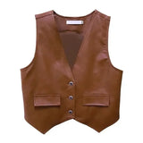 V-neck Leather Vest Women Korean Fashion Cropped Streetwear Vest Leather Vintage Casual Sleeveless Leather Outwear 2023