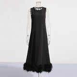Spring 2025 New Fashion Temperament Round Neckless Loose Loose Solid Color Feather Splicing Design Long