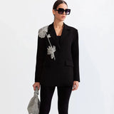 Sense French Retro Coat 2025 Autumn New Lapel Long Sleeve Rhinestone Stitching Flower Design Suit